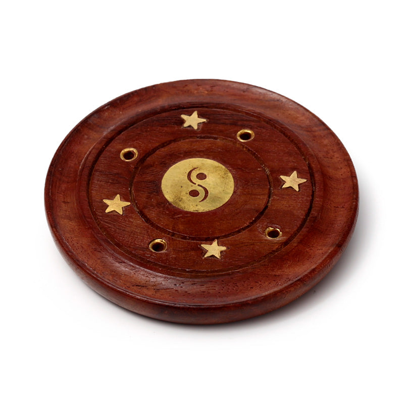 Sheesham Wood Round Ashcatcher Incence Burner with Yin Yang Inlay