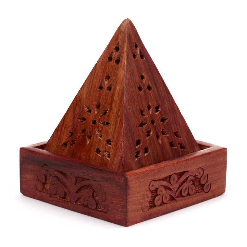 Sheesham Wood Pyramid Incense Cone Box with Flower Fretwork