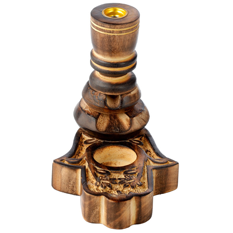 Carved Mango Wood Backflow Incense Burner - Hamsa