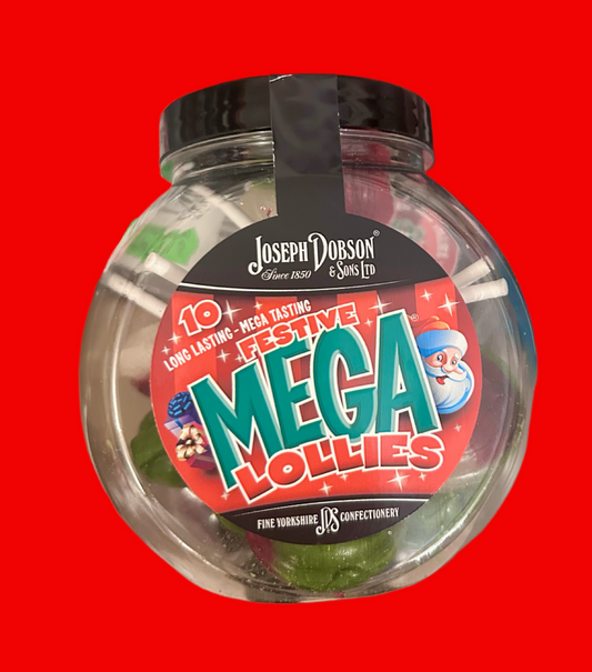 Festive Mega Lollies – Jar of 10 Assorted Fruit Flavour Hard Boiled Lollipops