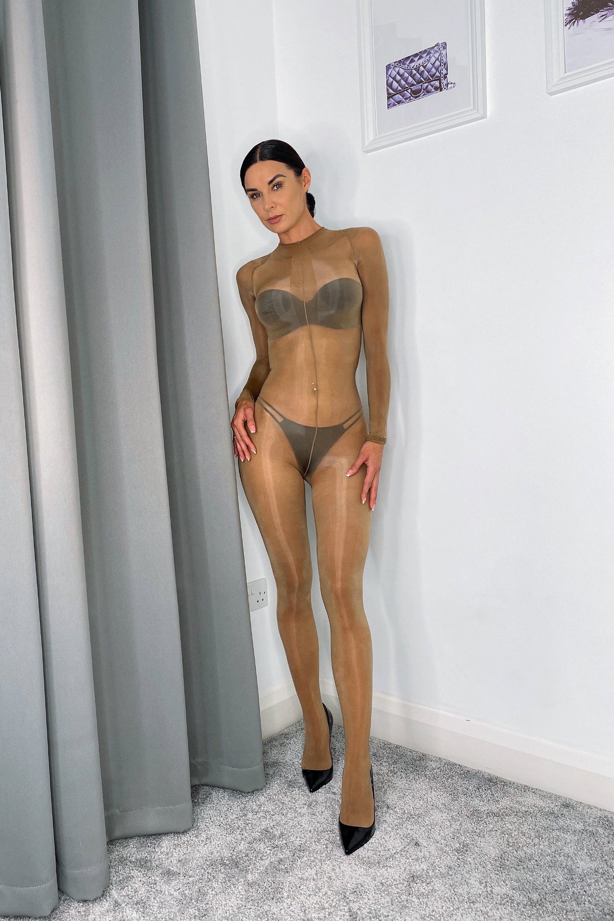 Open Back Glossy 8D Long Sleeve Bodystocking