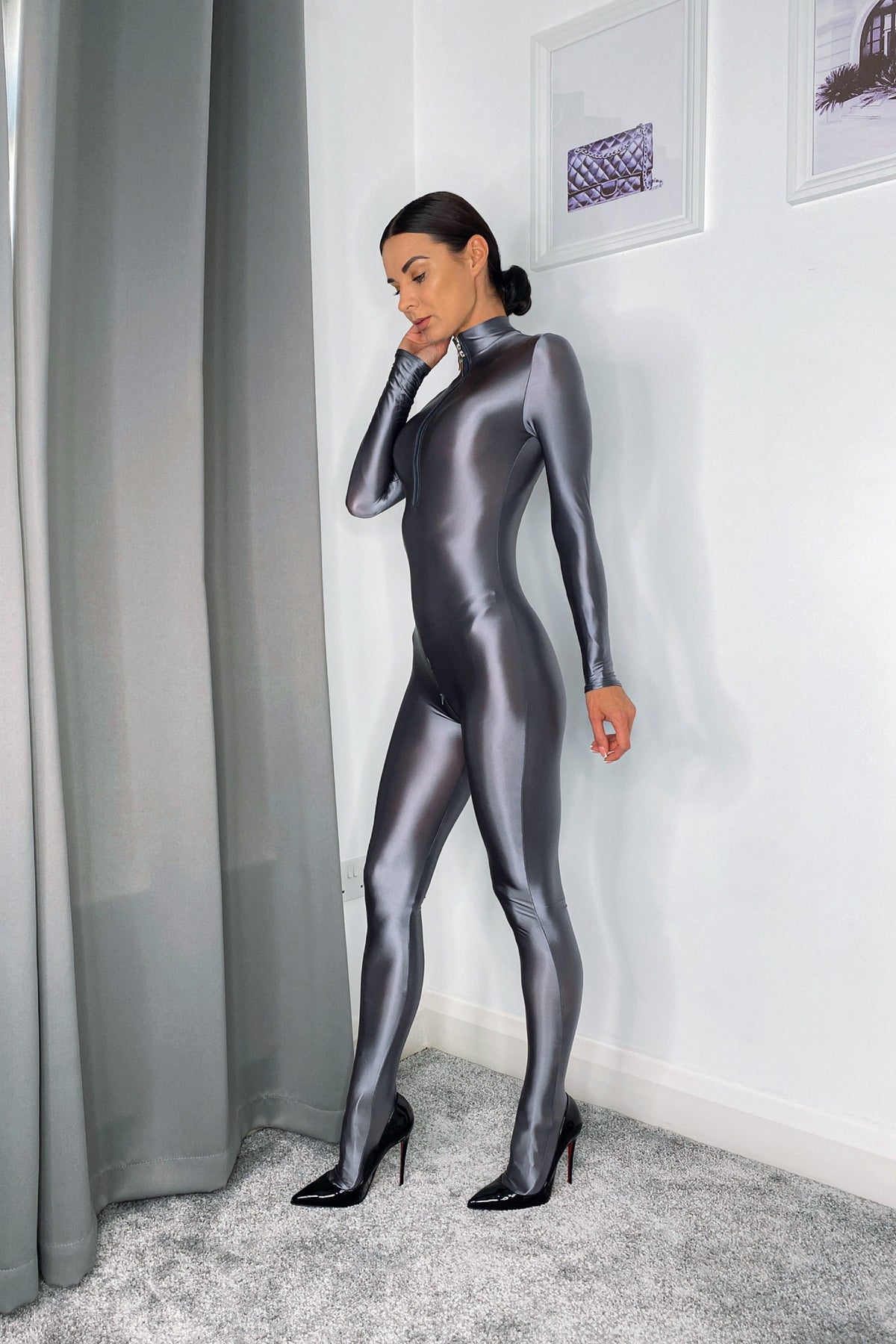 Grey Shiny Spandex Bodystocking with 2 zips