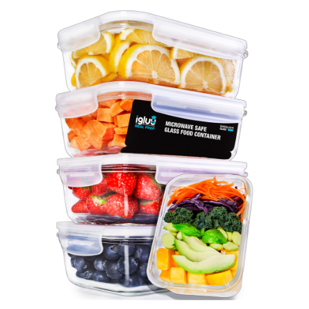 Igluu Glass Meal Prep Containers with Steam Vent Lids | 840ml | 5 Pack + Bonus Lid