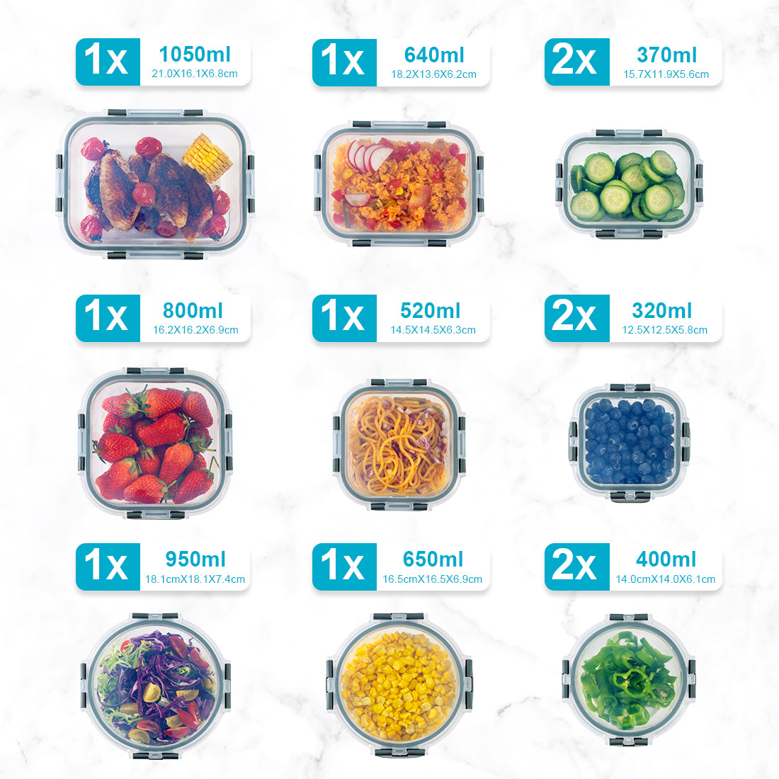 Borosilicate Glass Food Storage Containers with Airtight Lids | 12-Pack Assorted Sizes