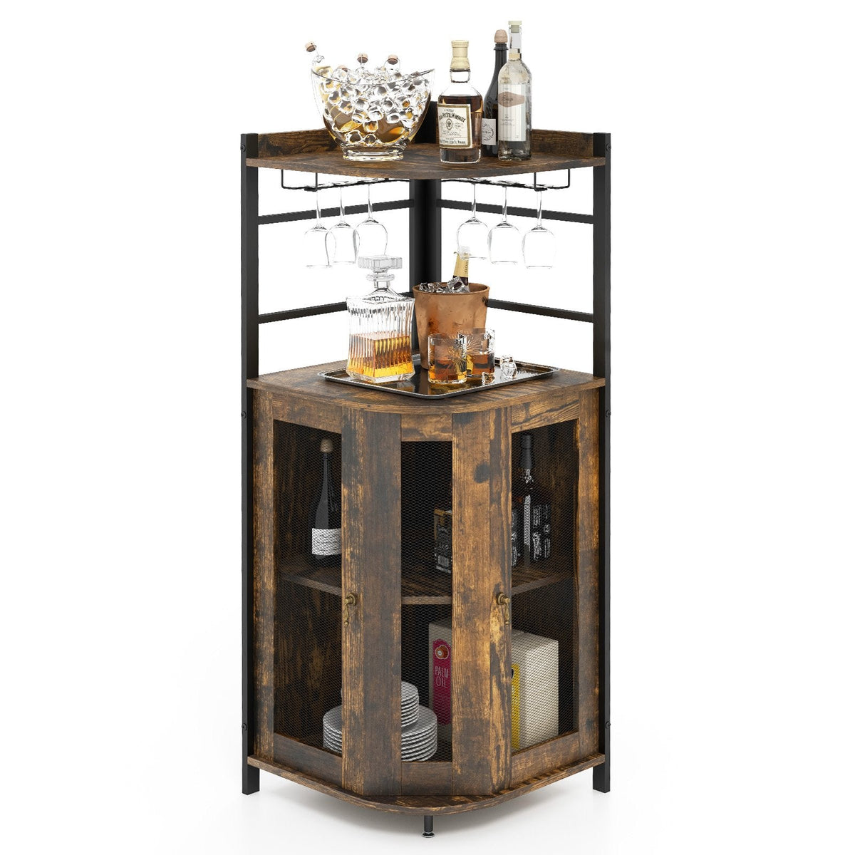 Industrial Corner Bar Wine Cabinet with Metal Mesh Doors and Adjustable Shelf-Rustic Brown