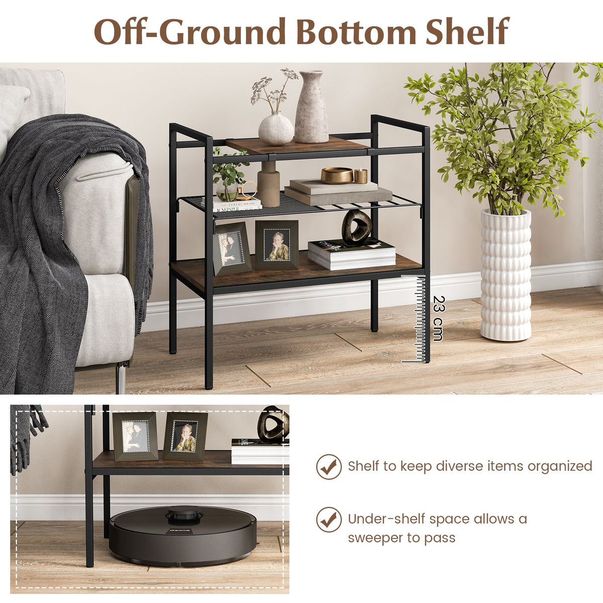 Sofa Side Table with Removable Panel and Mesh Shelf-Rustic Brown