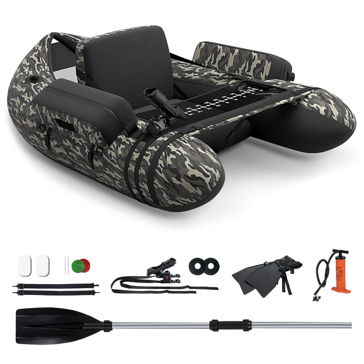 Inflatable Fishing Float Tube with Pump, Paddle, Storage Pockets-Beige
