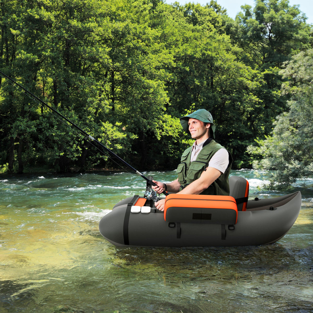 Inflatable Fishing Float Tube with Pump, Paddle, Storage Pockets-Beige