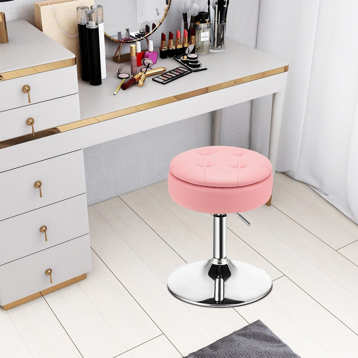 360° Swivel Vanity Stool with Removable Tray Lid-Black