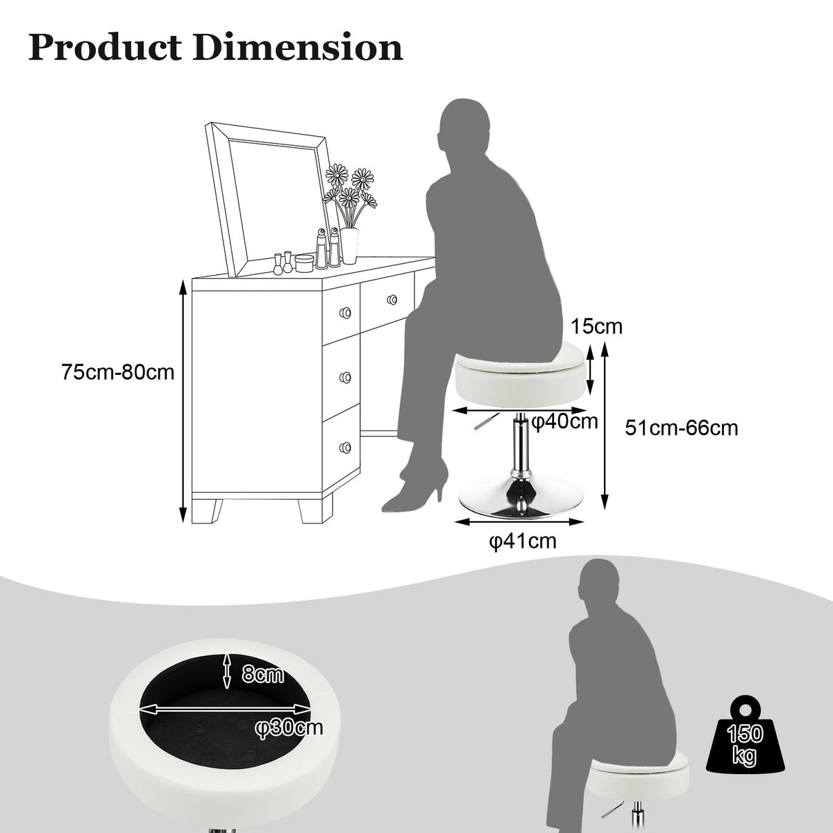 360° Swivel Vanity Stool with Removable Tray Lid-Black