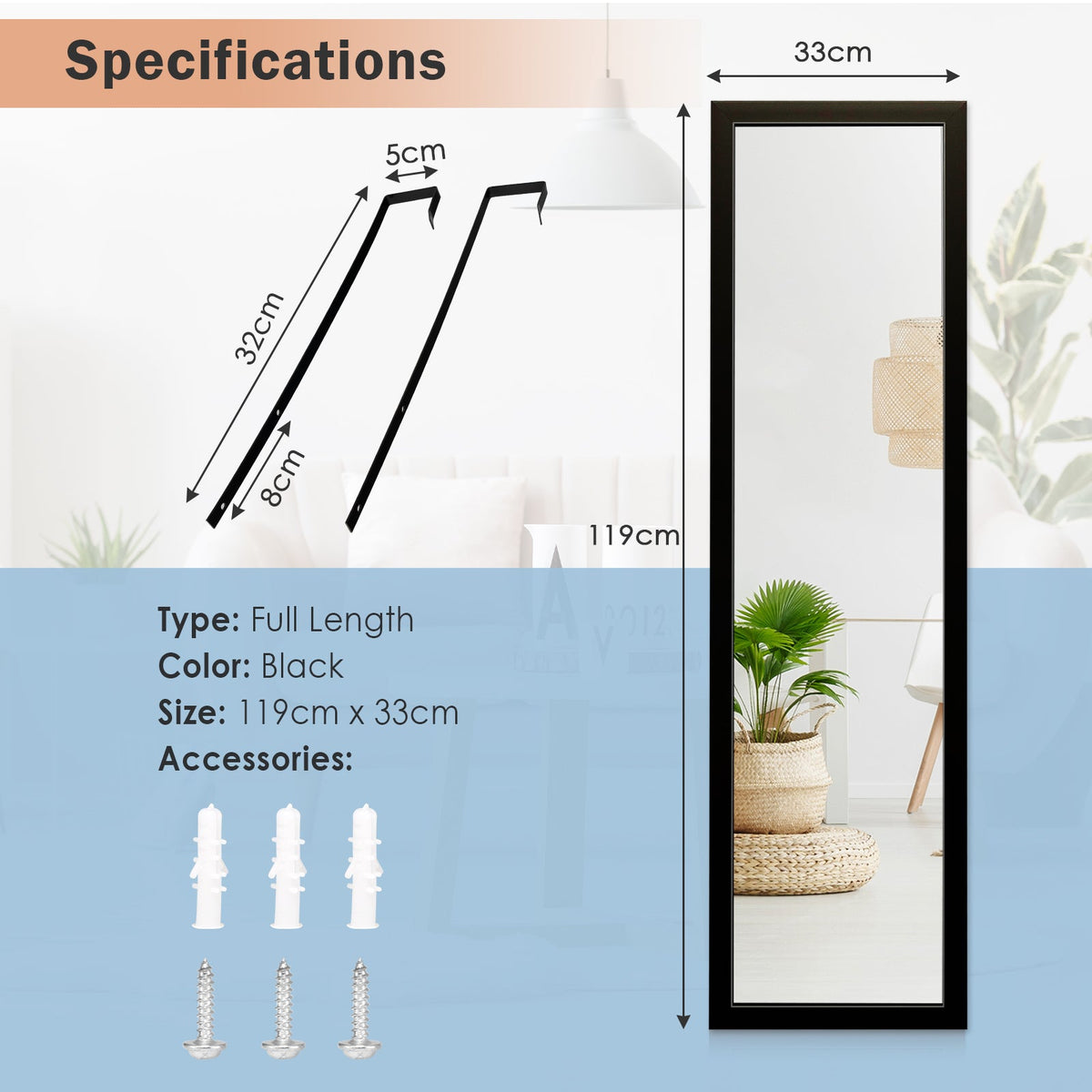 Full Length Over the Door Mirror with Hanging Hooks for Bedroom-Black