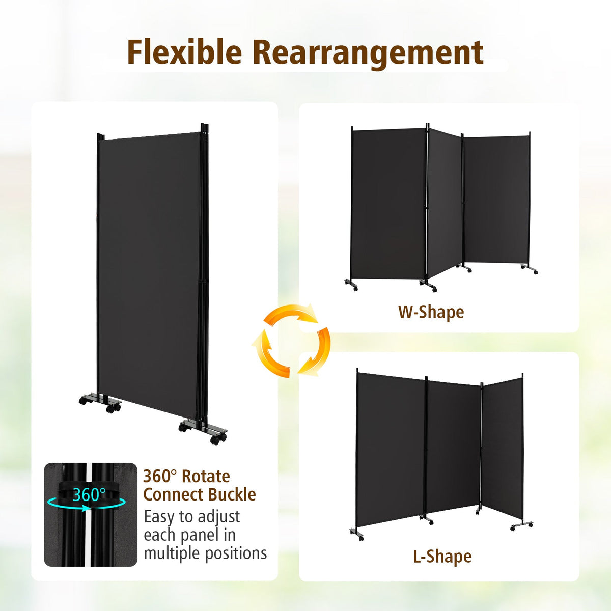 3-Panel Folding Room Divider with Wheels for Living Room Bedroom-Beige