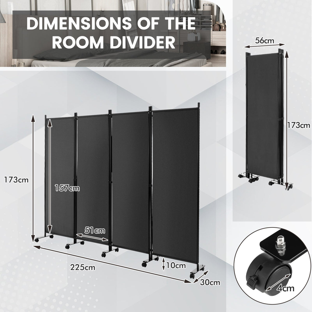 4-Panel Folding Room Divider with Wheels for Living Room Bedroom -Black