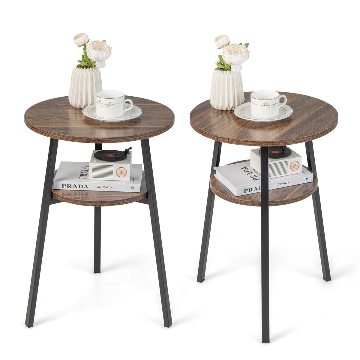 2-Tier Wooden Round Side Table with Storage Shelf-Brown