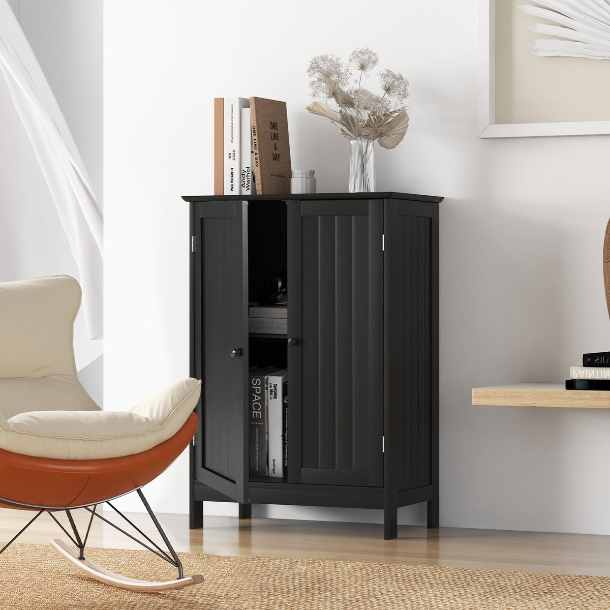 Double Door Bathroom Floor Cabinet with Shelf-Black