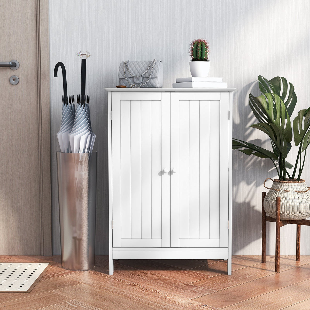 Double Door Bathroom Floor Cabinet with Shelf-Black