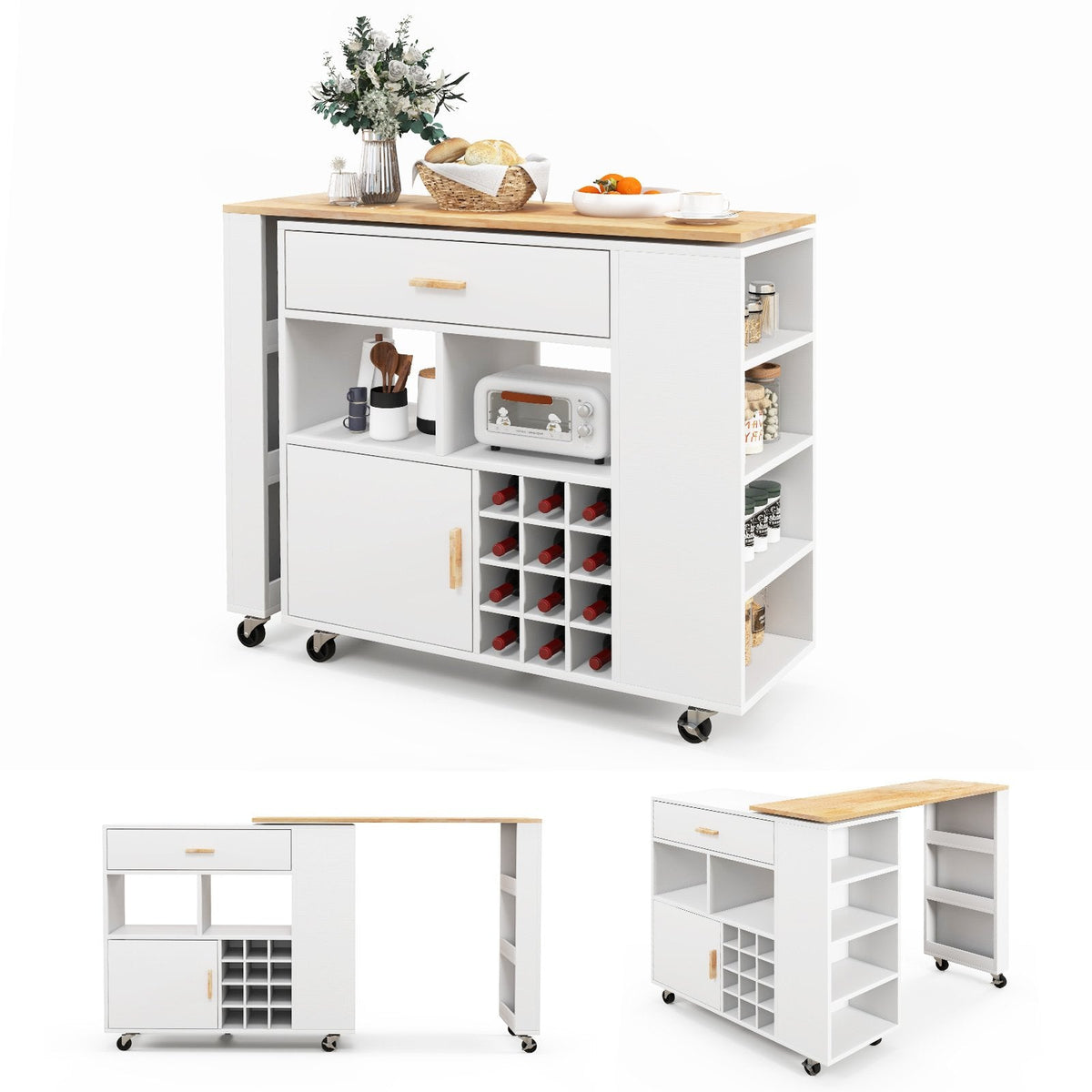 2-in-1 Kitchen Island Cart with Rubber Wood Top-Black