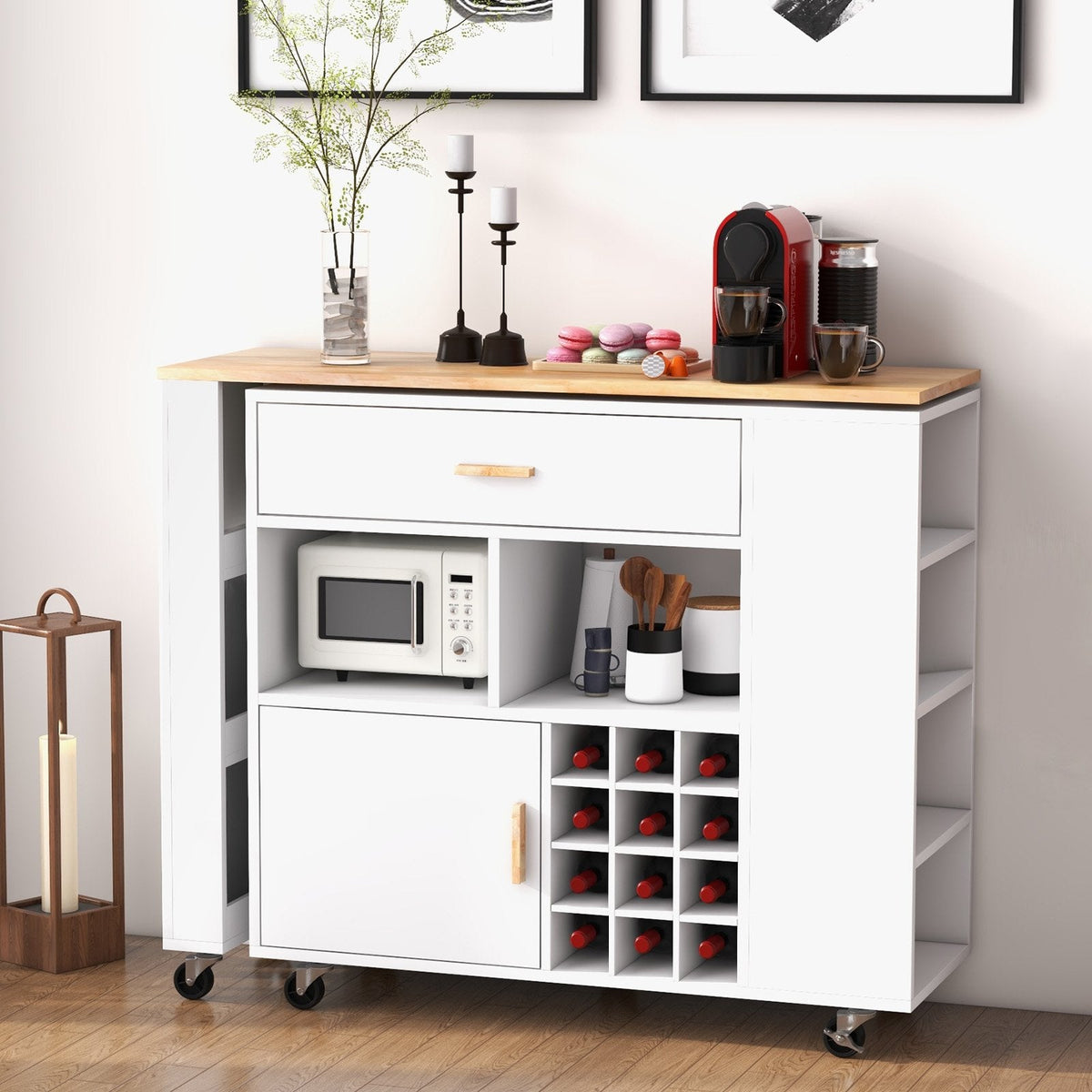 2-in-1 Kitchen Island Cart with Rubber Wood Top-Black