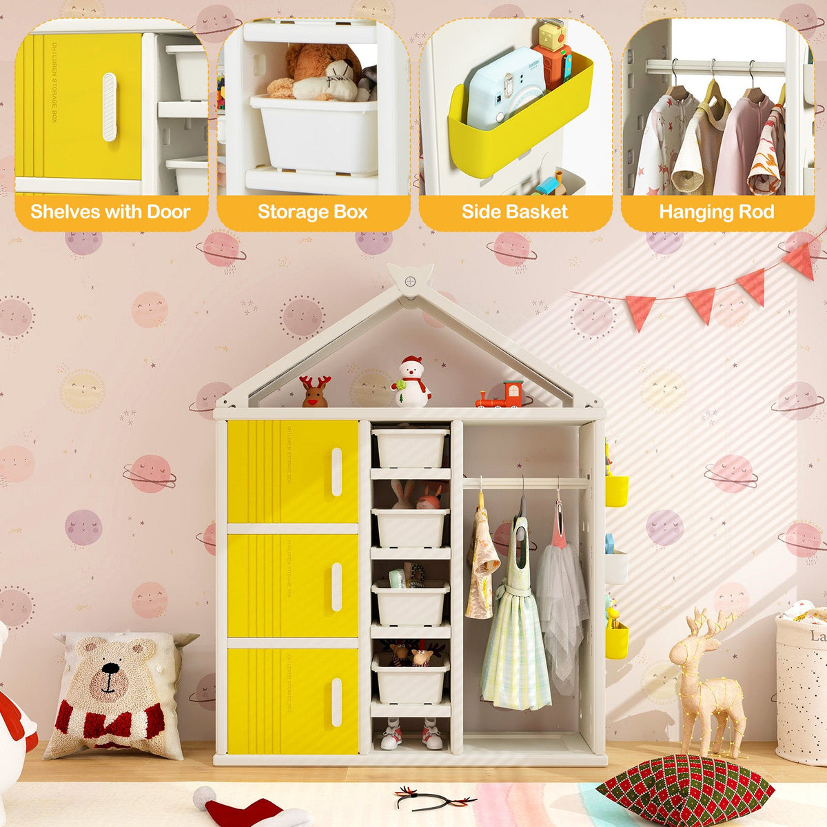 Kids Costume Storage Closet with Storage Bin-Grey