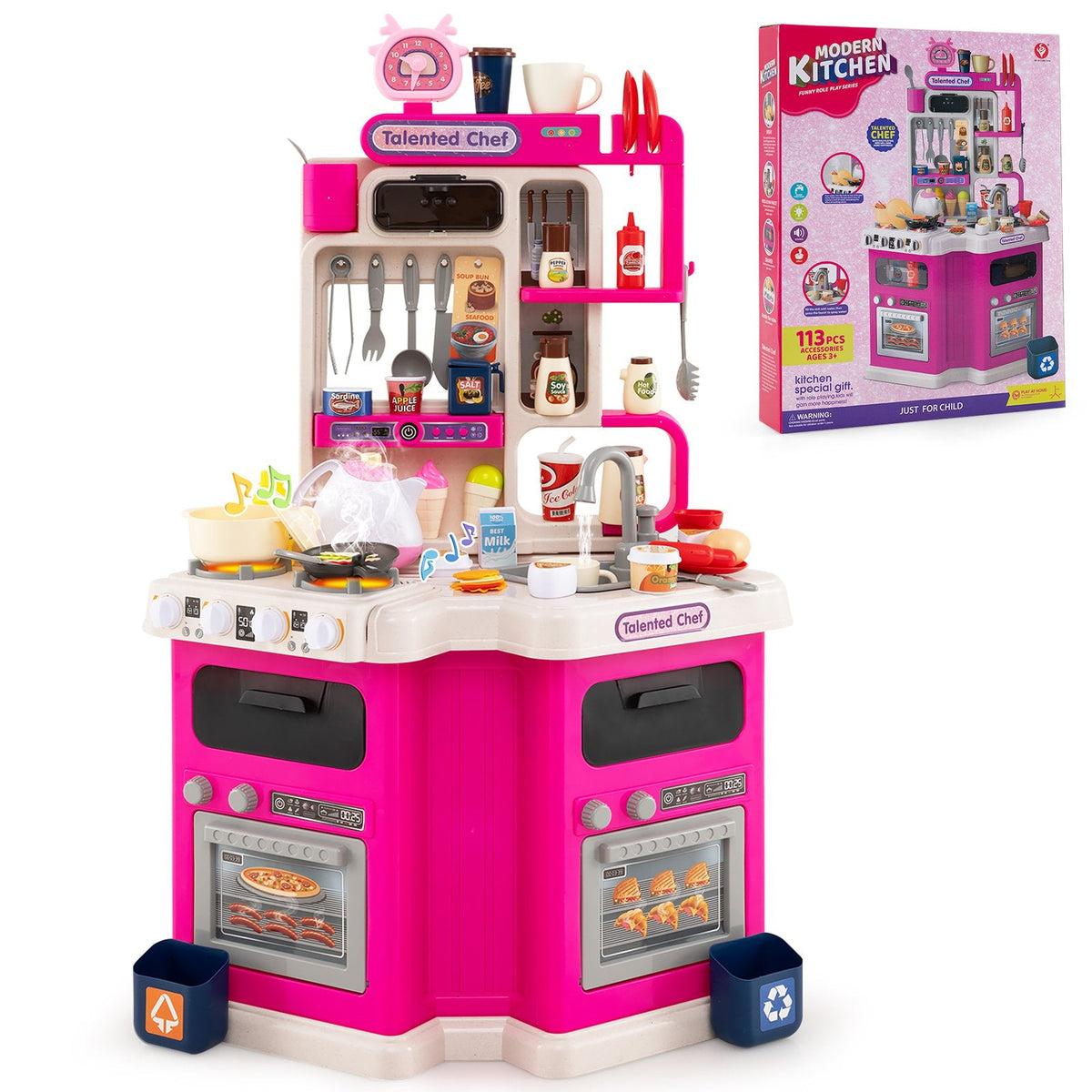 Kids Kitchen Playset Corner Play Kitchen with Realistic Sounds and Lights-Blue