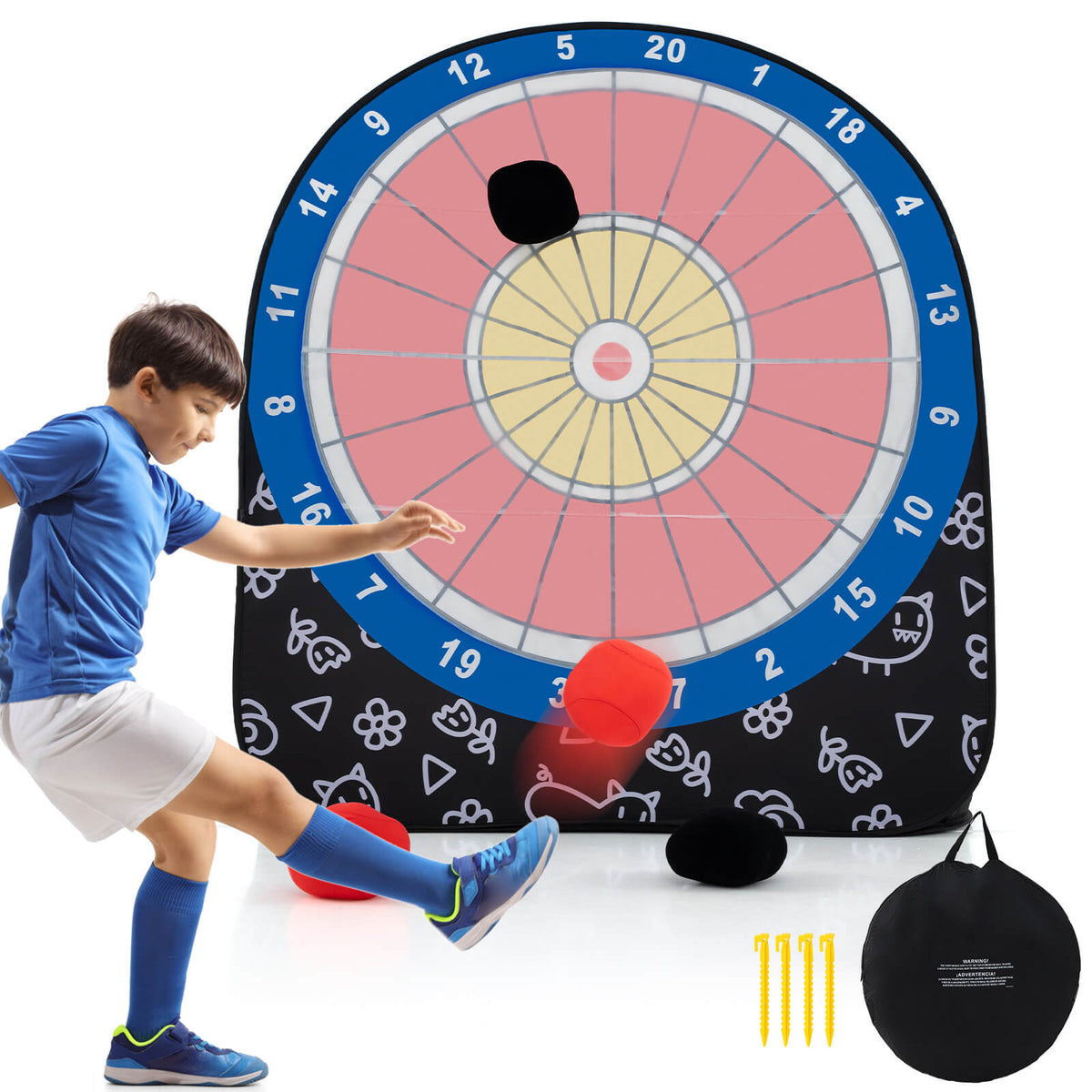 Large Dart Board for Kids Foldable and Portable Dartboard with 4 Kick Balls-Black