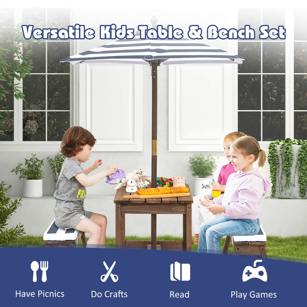 Kids Picnic Table with Cushions and Umbrella-Blue