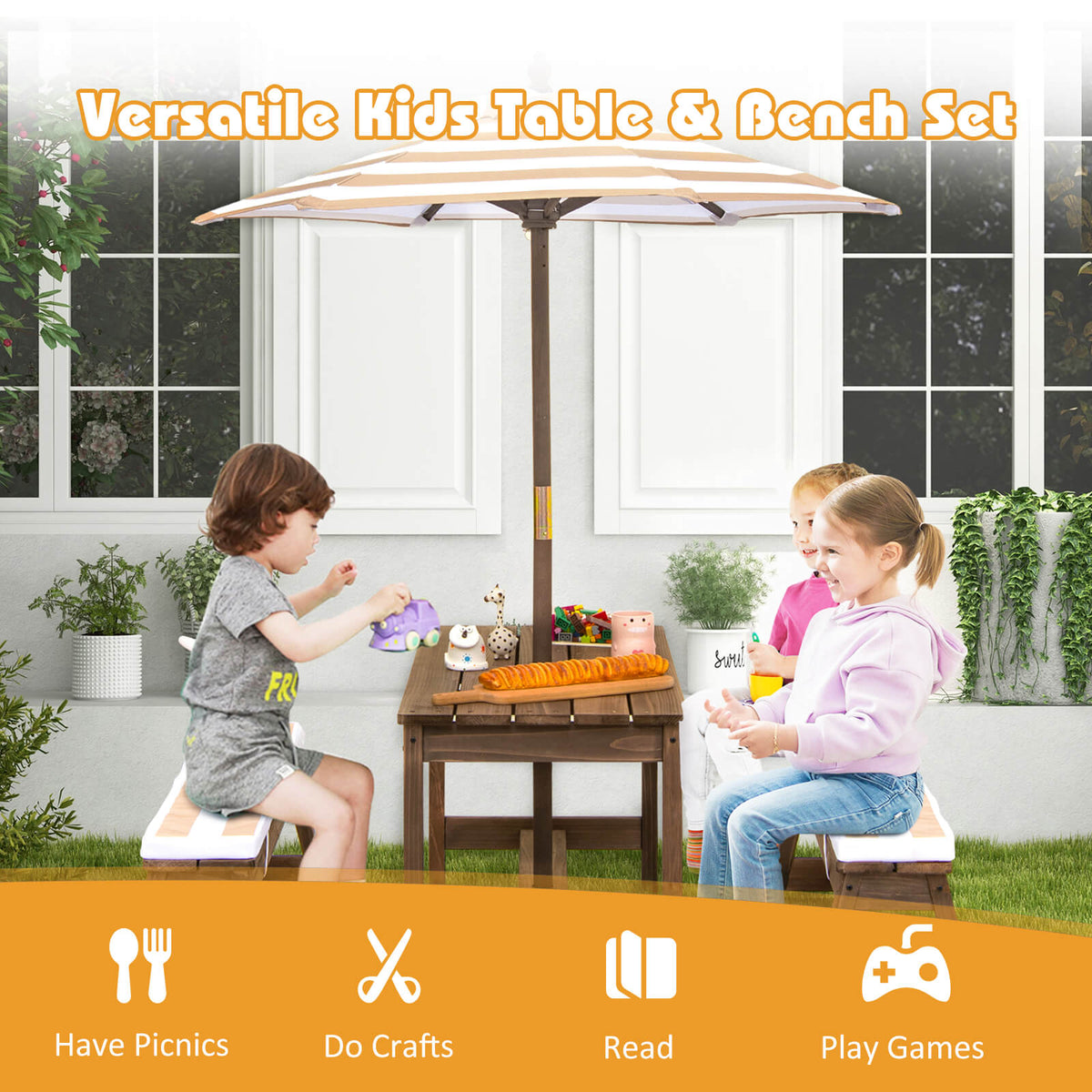 Kids Picnic Table with Cushions and Umbrella-Blue