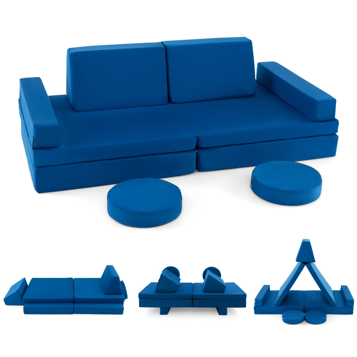 8-Piece Kids Play Couch Sofa with Portable Handle-Blue
