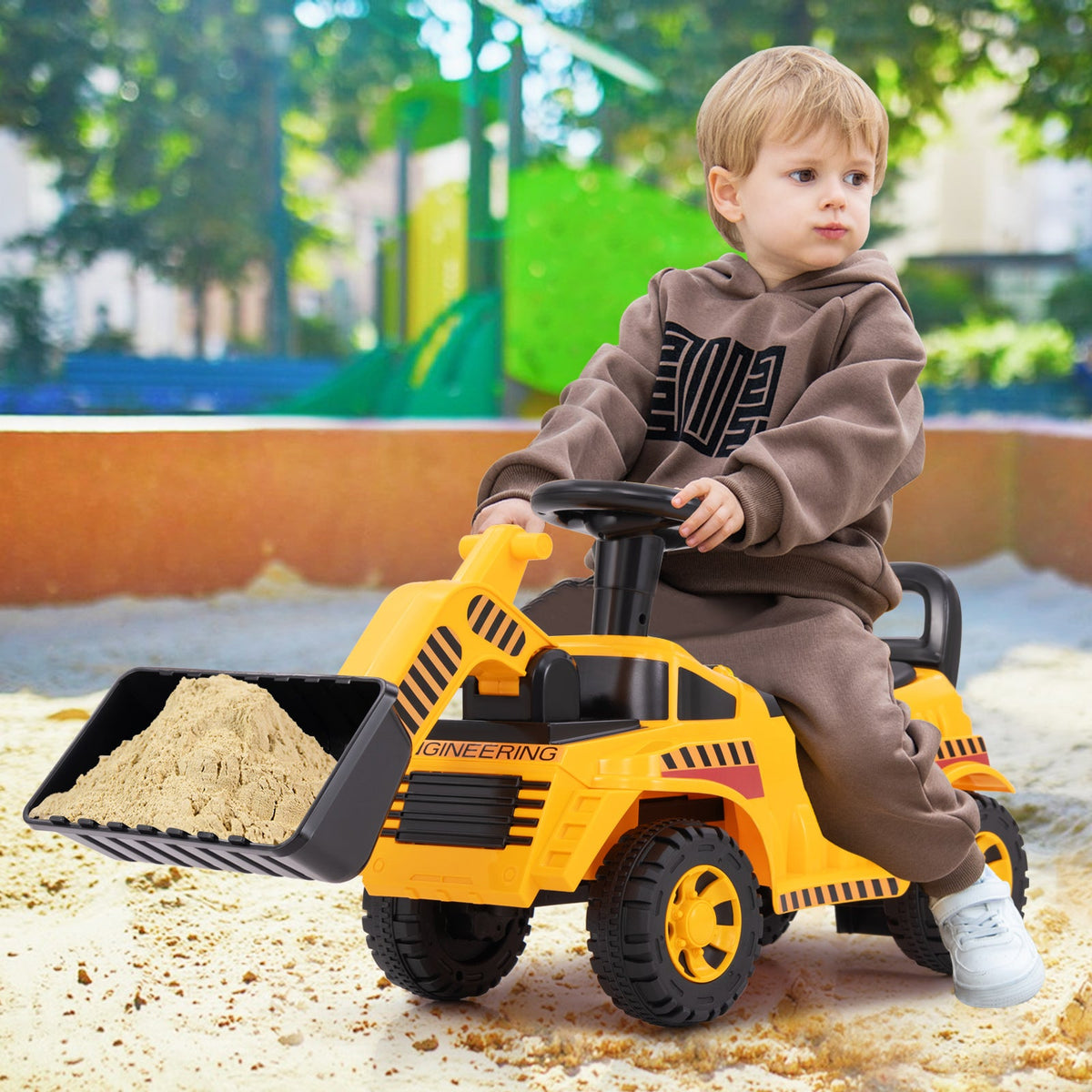 Kids Ride on Excavator Bulldozer with Adjustable Front Bucket-Yellow