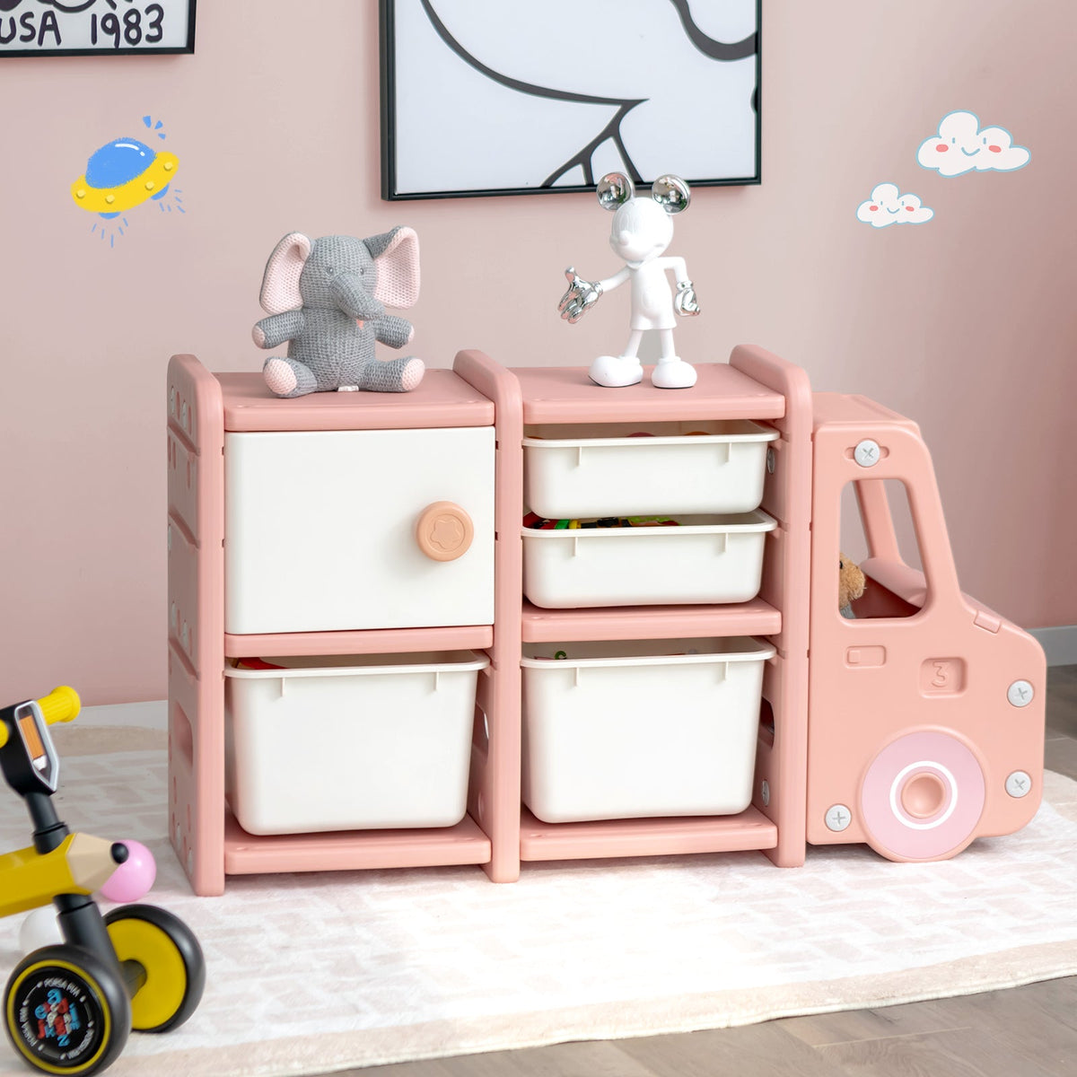 Kids Storage Units with 2 Plastic Bins and 2 Drawers-Beige
