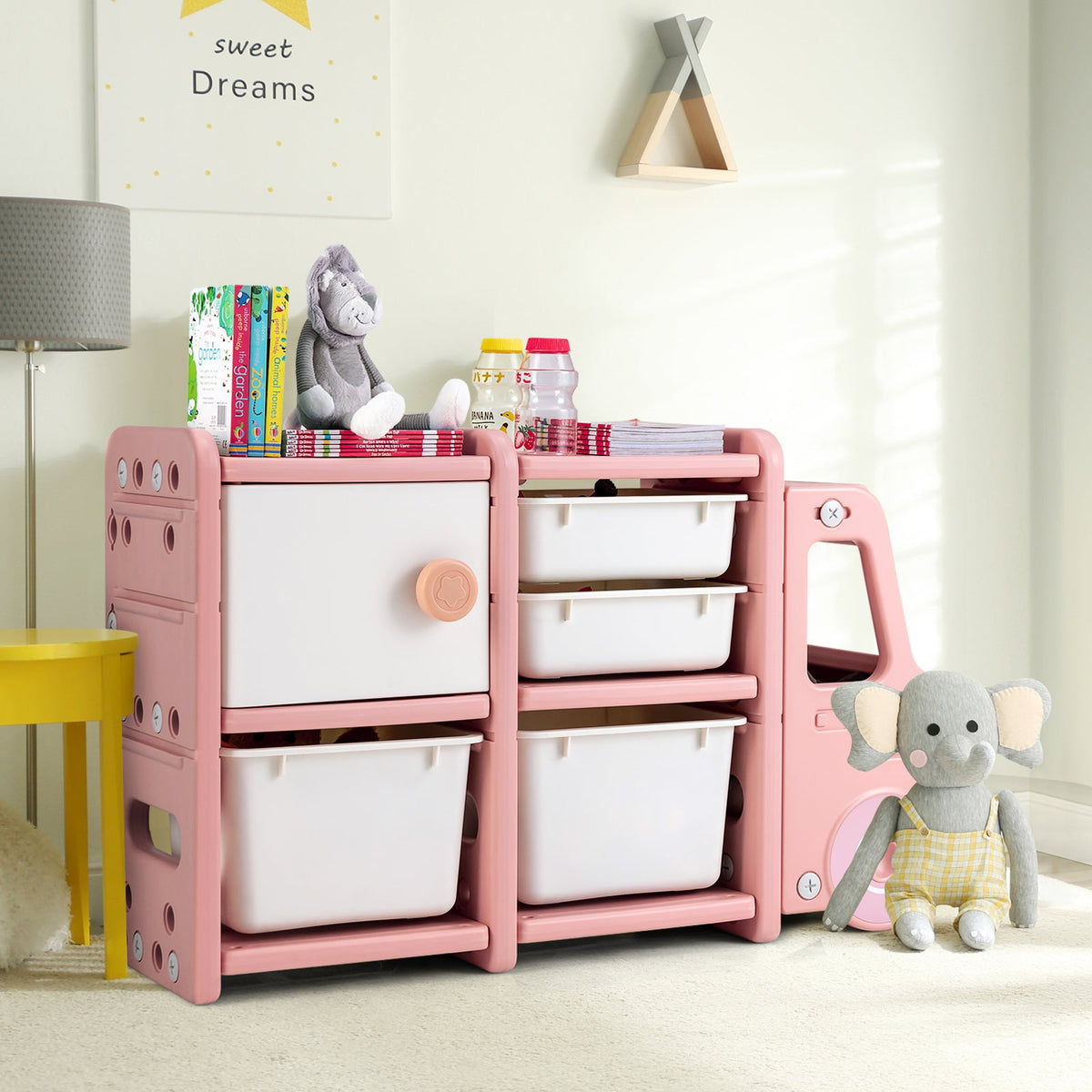 Kids Storage Units with 2 Plastic Bins and 2 Drawers-Beige