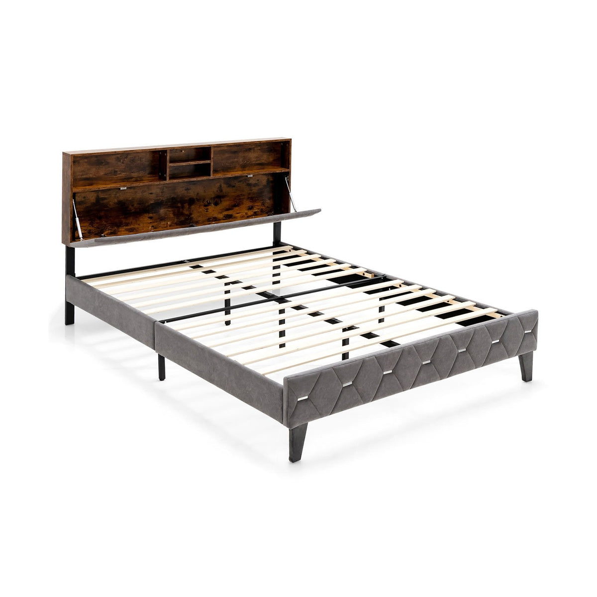 Single/Double Bed Frame with Storage Headboard and Slat Support-Double Size