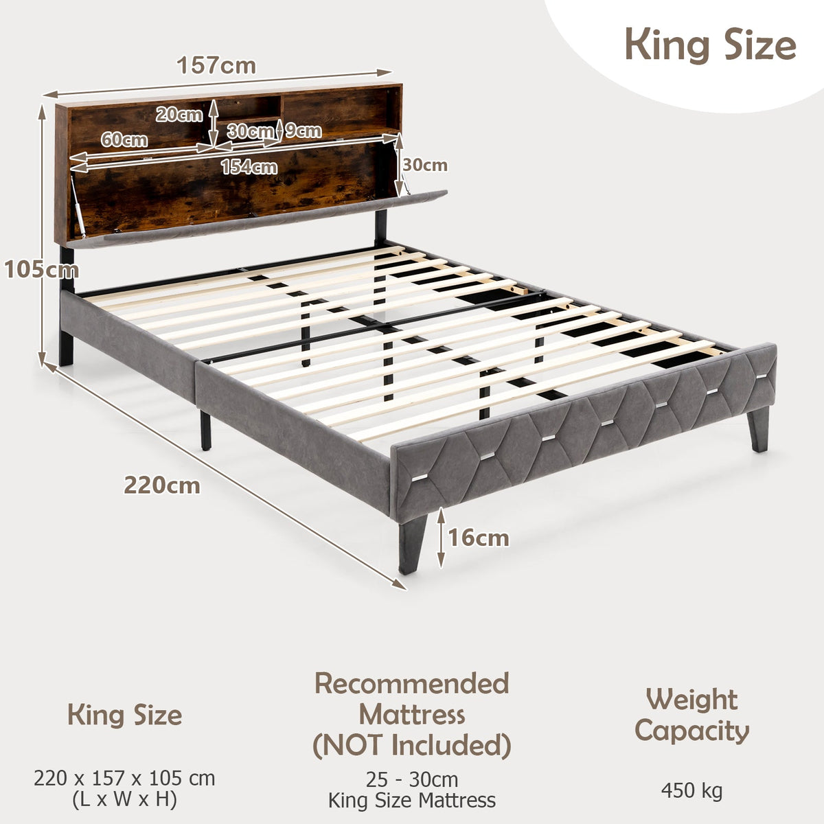 Single/Double Bed Frame with Storage Headboard and Slat Support-Double Size