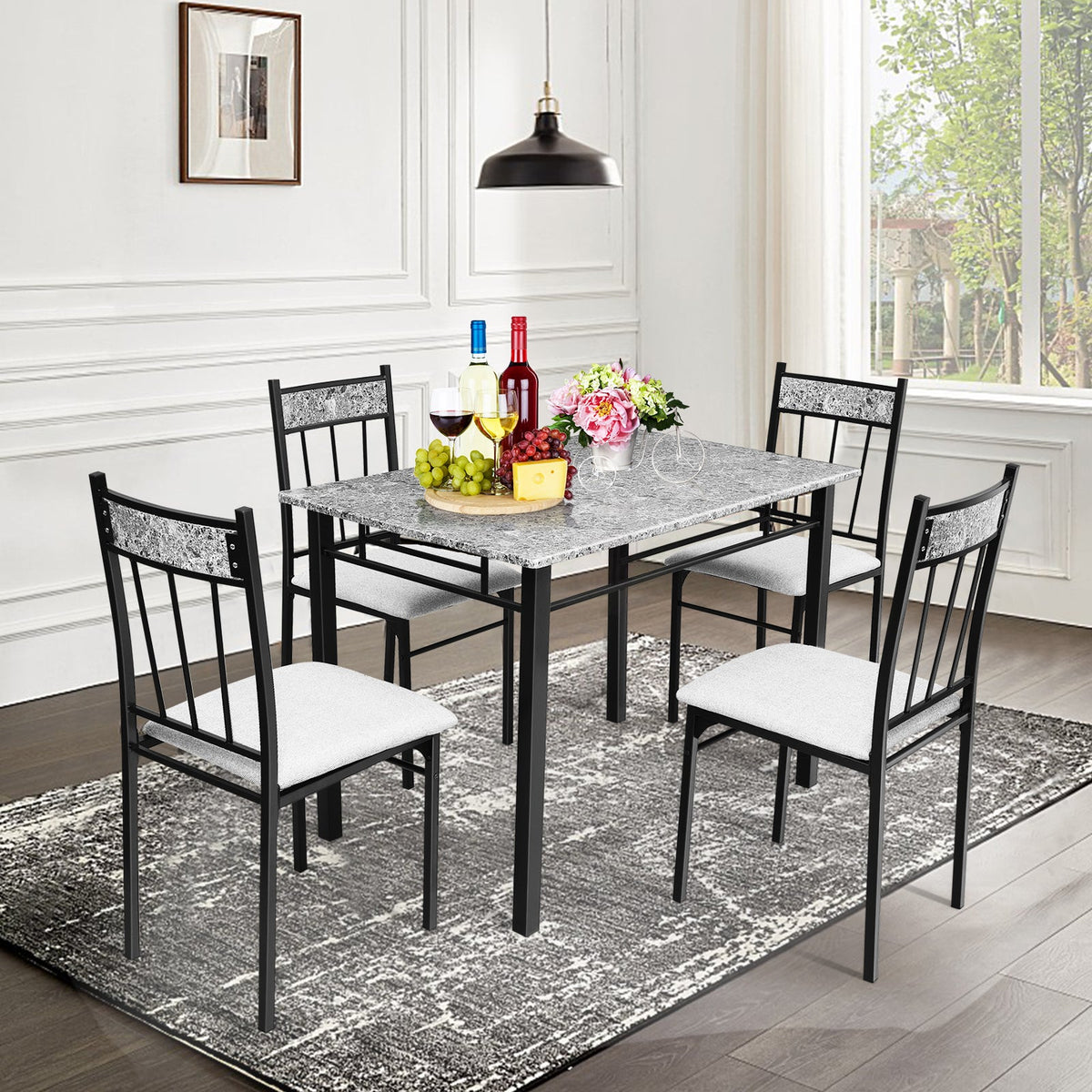 Marble 5-piece Kitchen Dining Set with Sponge Cushion and Metal Structure-Grey