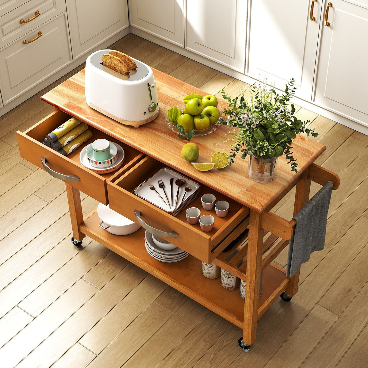 Kitchen Island with Storage 3-Tier Rolling Utility Cart with Wood Countertop-White