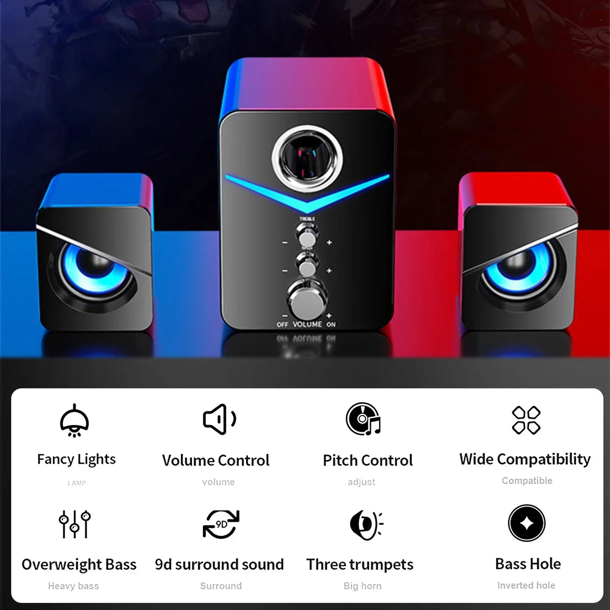 LED Computer Speakers - Stereo Bass Subwoofer for Desktop & Laptop USB Wired 3.5mm Jack