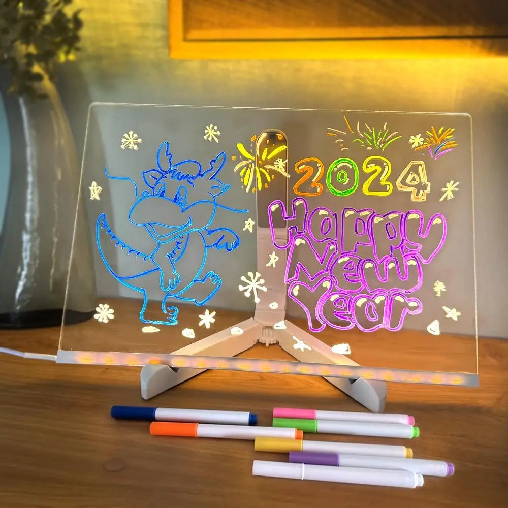 LED Note Board with Night Light & 7 Pens - Kids Drawing & Message Board
