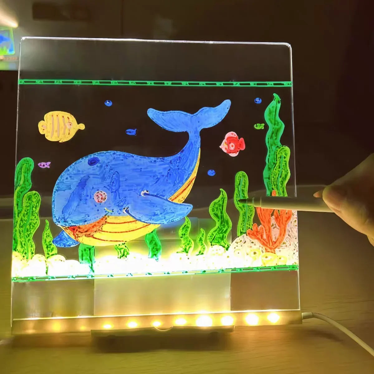 LED Note Board with Night Light & 7 Pens - Kids Drawing & Message Board Small Stand