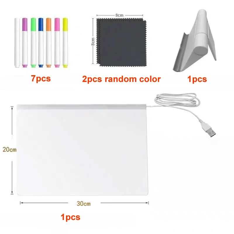 LED Note Board with Night Light & 7 Pens - Kids Drawing & Message Board Small Stand