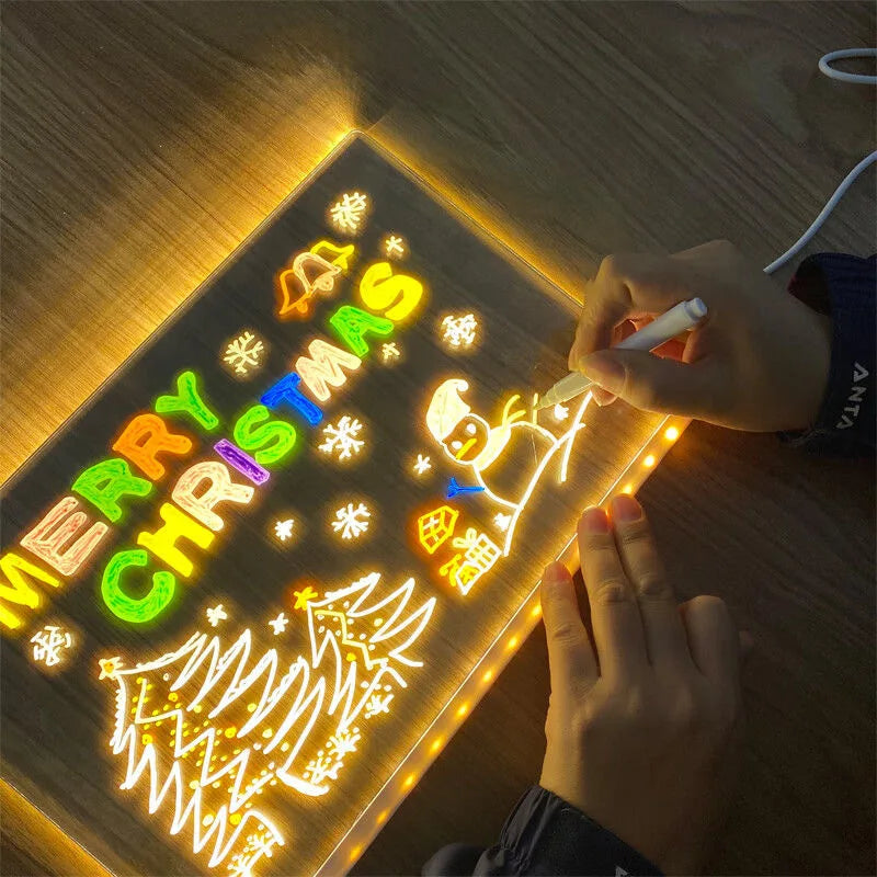 LED Note Board with Night Light & 7 Pens - Kids Drawing & Message Board Small Stand