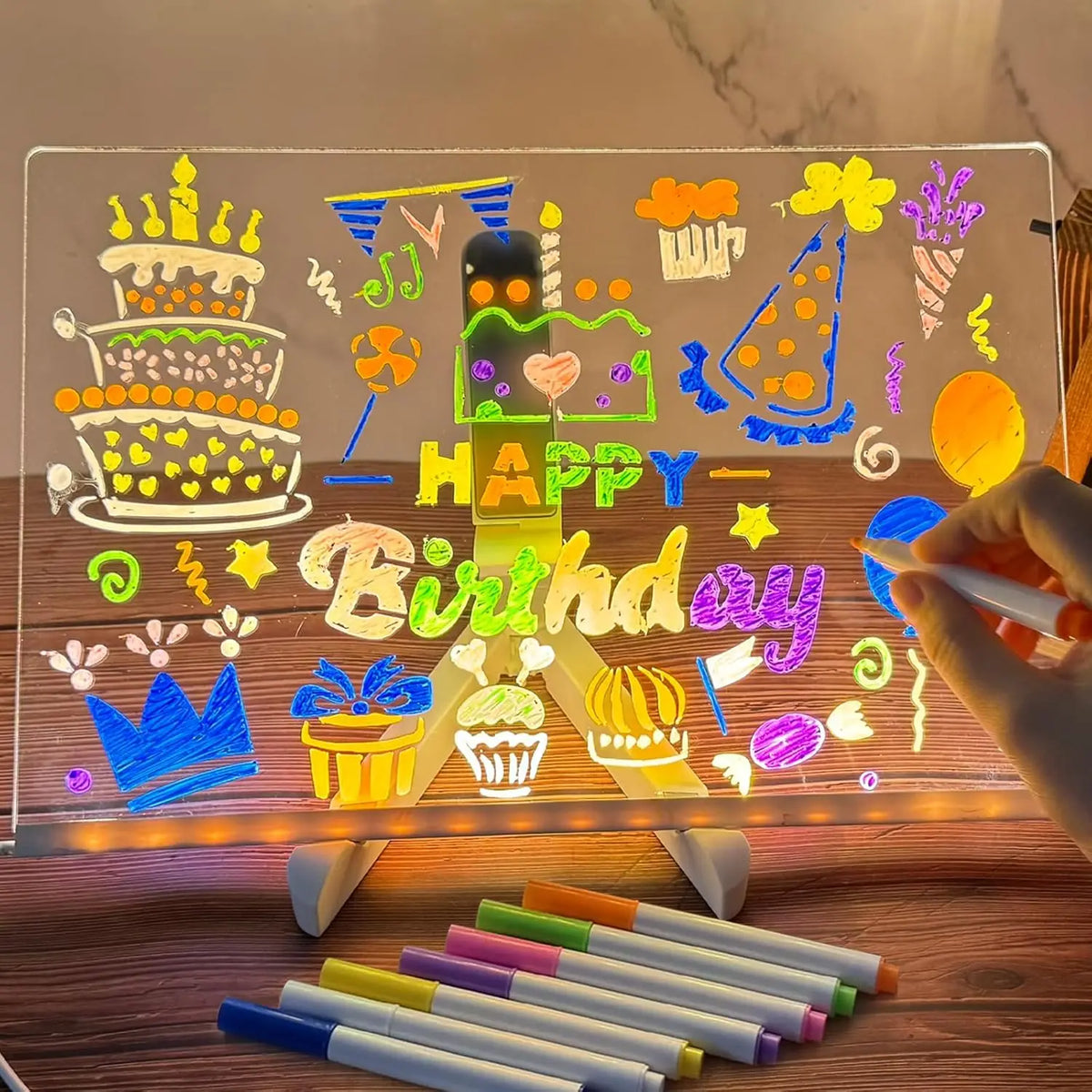 LED Note Board with Night Light & 7 Pens - Kids Drawing & Message Board