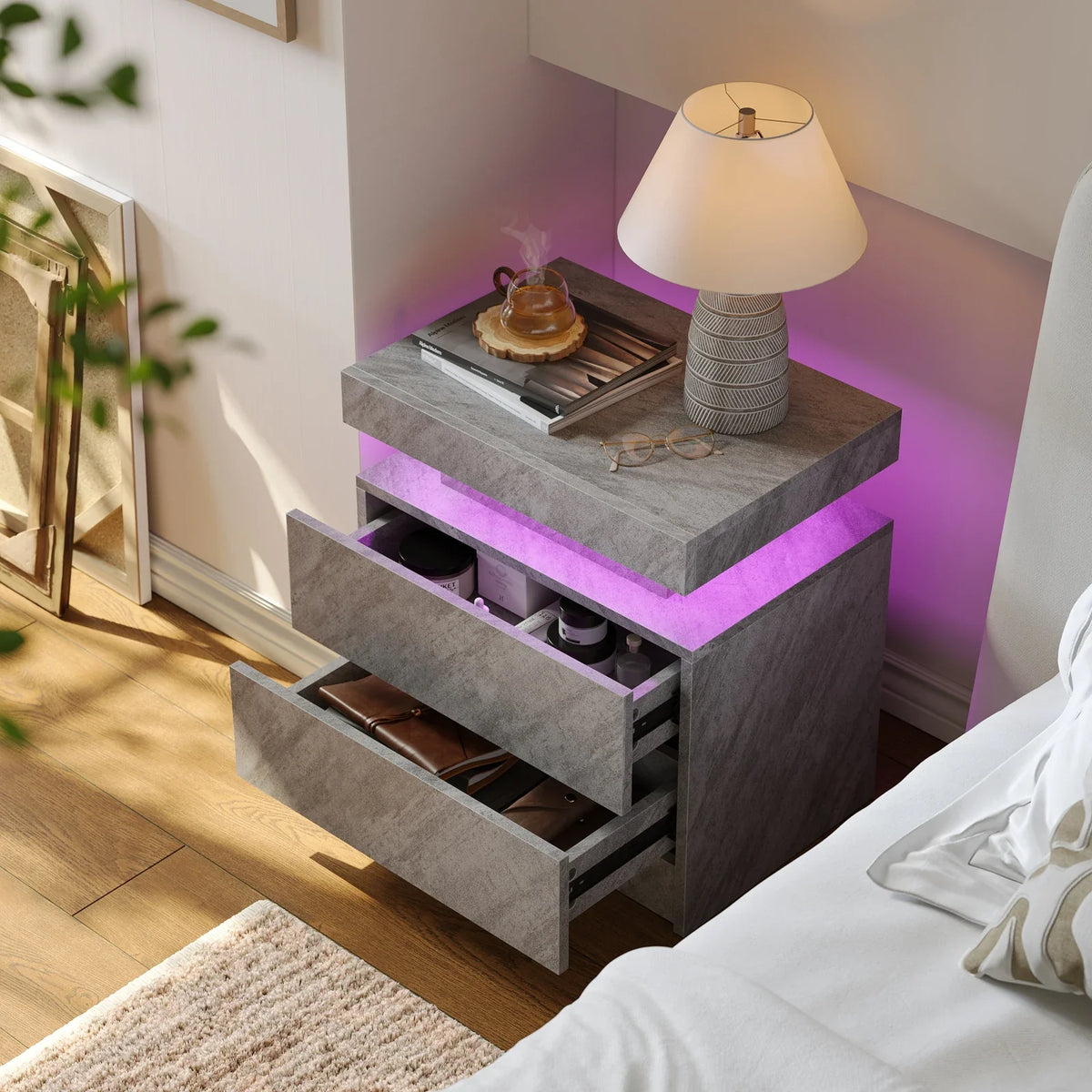 Smart LED Bedside Table with 2 Drawers - App Control Modern Nightstand Light Effects