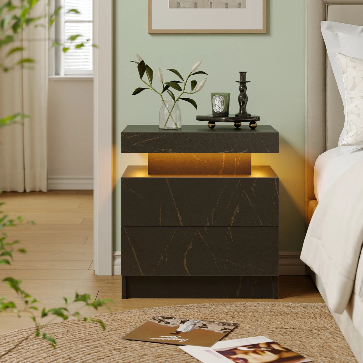 Smart LED Bedside Table with 2 Drawers - App Control Modern Nightstand Light Effects