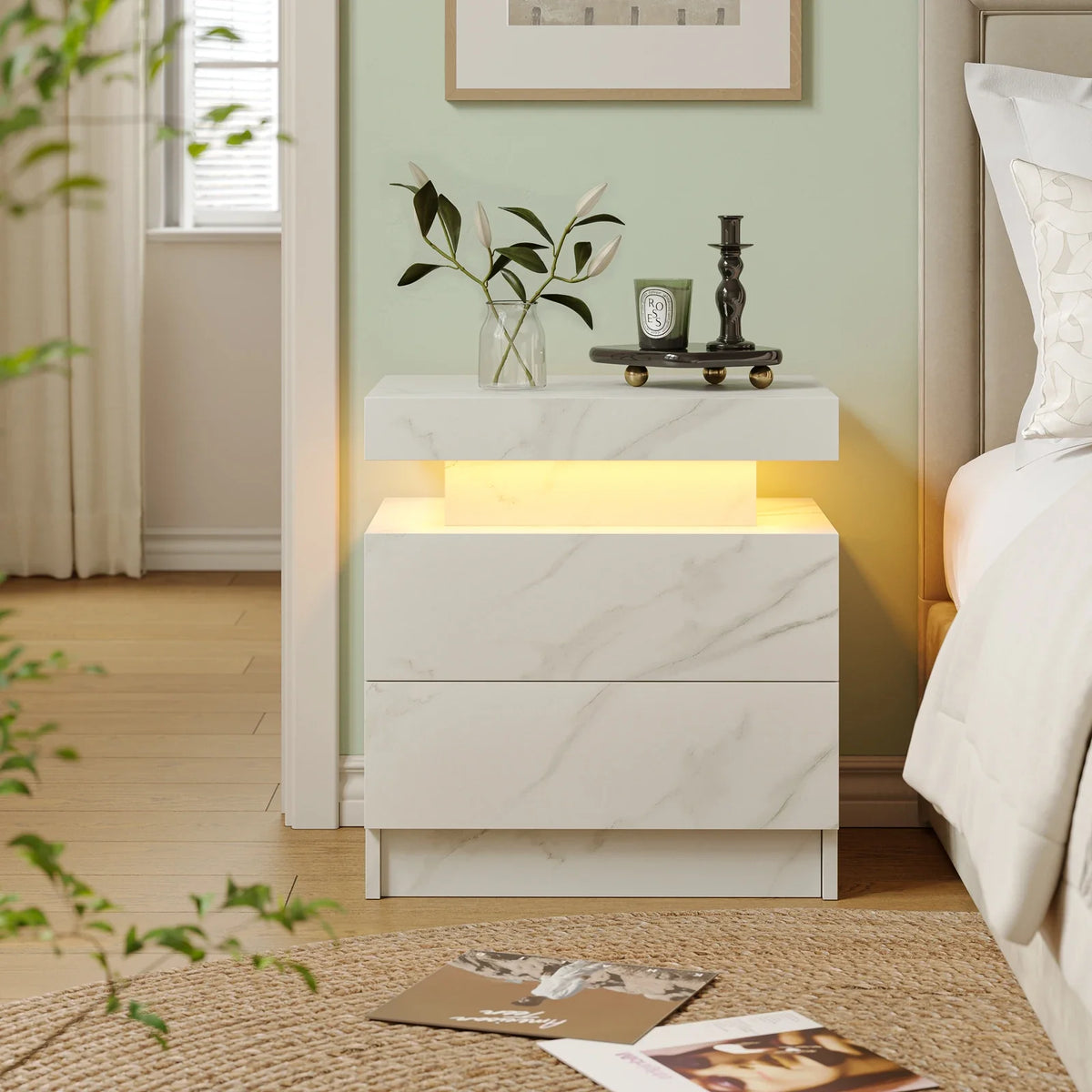 Smart LED Bedside Table with 2 Drawers - App Control Modern Nightstand Light Effects