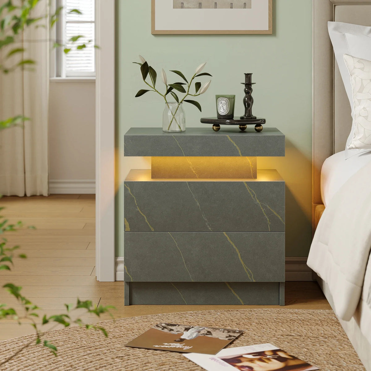 Smart LED Bedside Table with 2 Drawers - App Control Modern Nightstand Light Effects