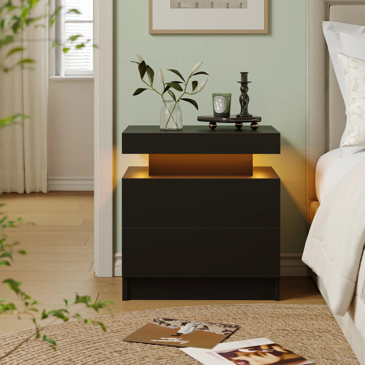 Smart LED Bedside Table with 2 Drawers - App Control Modern Nightstand Light Effects