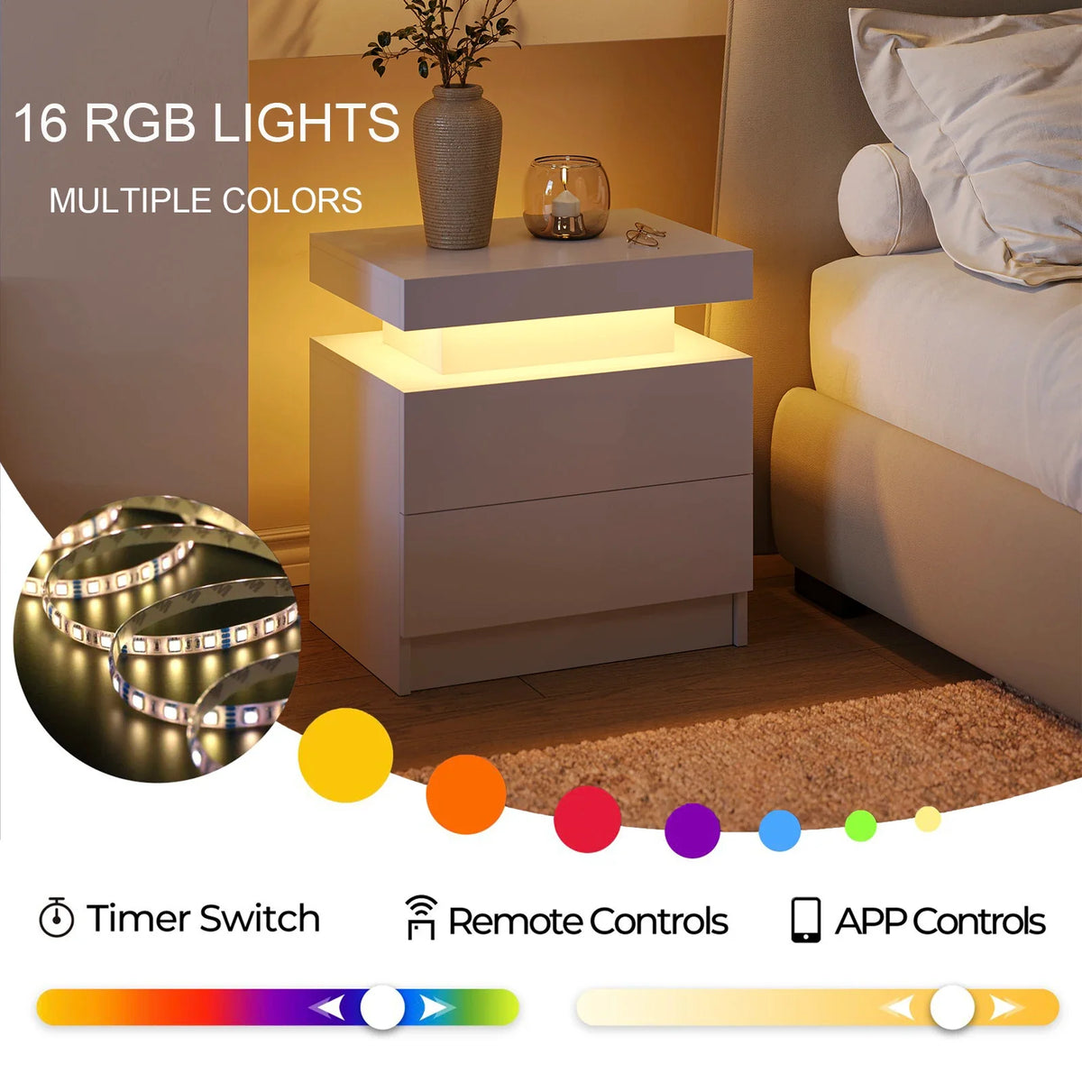 Smart LED Bedside Table with 2 Drawers - App Control Modern Nightstand Light Effects