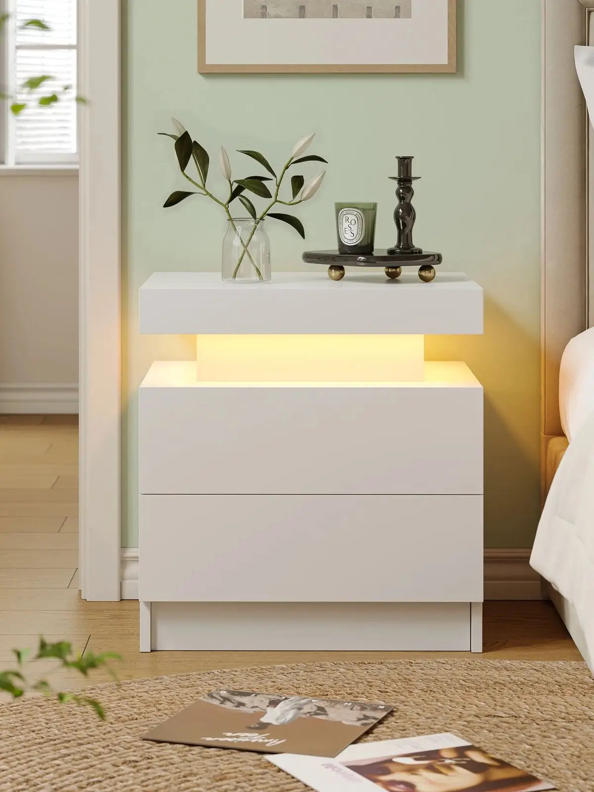 Smart LED Bedside Table with 2 Drawers - App Control Modern Nightstand Light Effects