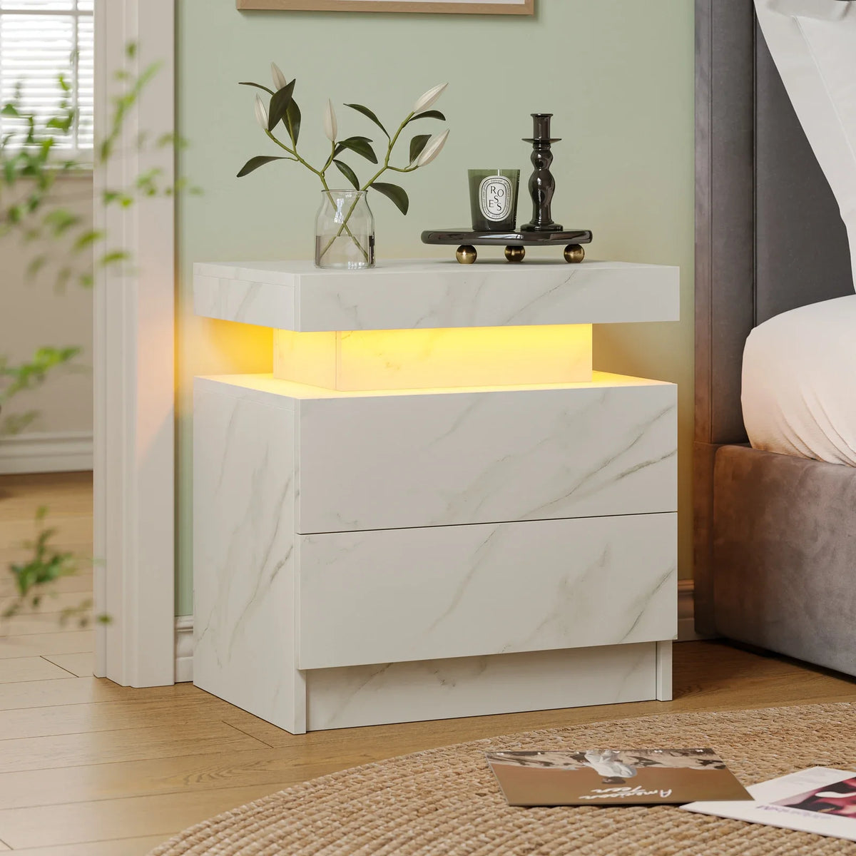 Smart LED Bedside Table with 2 Drawers - App Control Modern Nightstand Light Effects