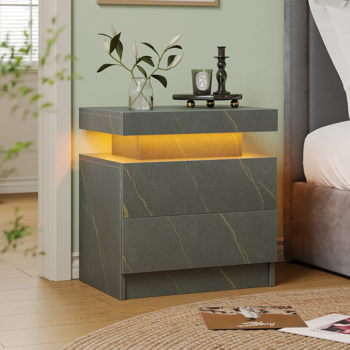 Smart LED Bedside Table with 2 Drawers - App Control Modern Nightstand Light Effects